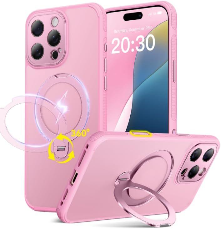 360 Spin Magnetic Stand for iPhone 16 Pro Case, Fit for MagSafe, All Around 4X Military-Grade Protection, Full Camera Protection, Anti-Slip Slim Phone Cover for iPhone 16 Pro 6.9", Chalk Pink