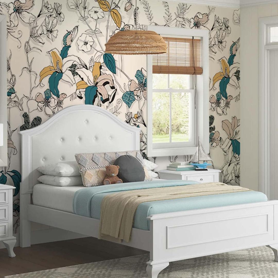 Floral Wall Murals Peel and Stick, Sketch Flat Flower Mural Wallpaper, Leather Textured Vinyl Self-Adhesive Wall Mural Sticker, Wall Decals for Bedroom Living Room Kids Room (Sketch Flat Floral)