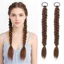 Braided Ponytail Hair Extensions Clip-in 2Pcs Set with Hair Ties - Soft Synthetic Hairpieces for Women, Natural Look Wrap Around Extensions for Daily Wear, 17 Inch Light Brown