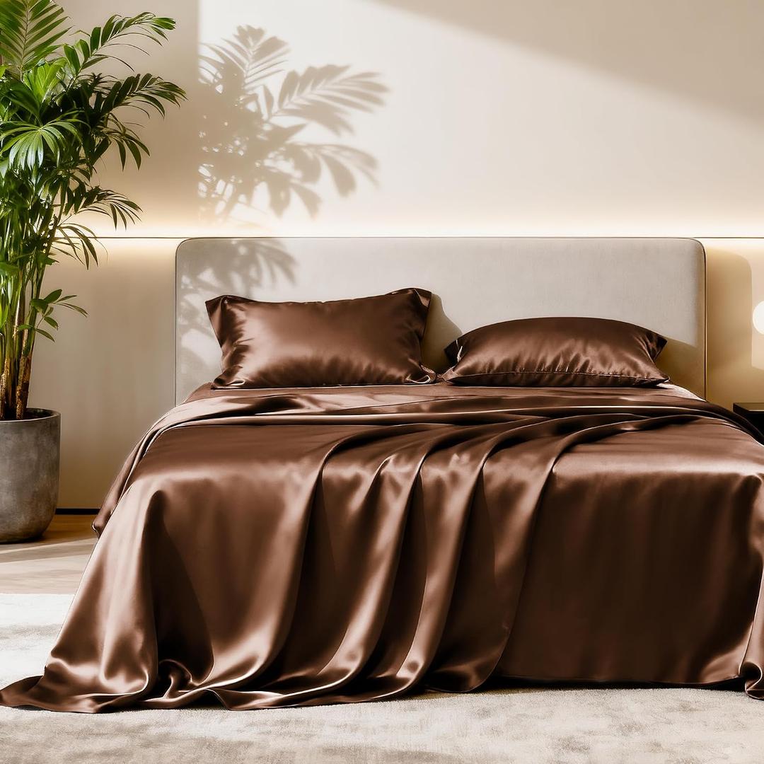 Love's cabin Satin Queen Sheets Set - 4 Piece Brown Silky Bed Sheets with Deep Pocket, Luxury Silk Feel Satin Queen Size Sheet Set (1 Flat Sheet,1 Fitted Sheet,2 Pillow Cases)