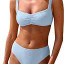 ANRABESS Womens Bikini Sets Two Piece Swimsuit Ribbed Front Ruched Mid Waisted Bathing Suit Color Block 2026 Beach Swimwear (Large, Sky Blue)