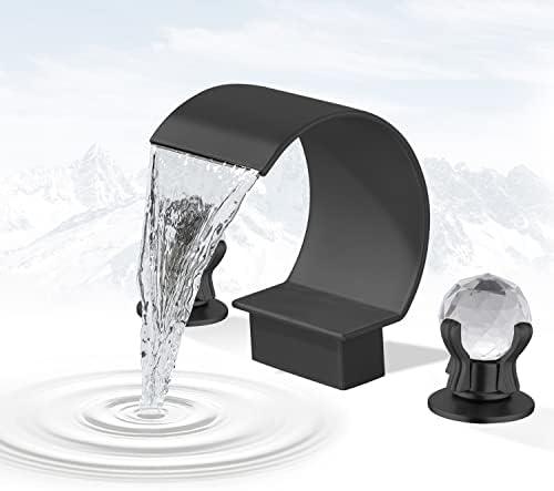 BANGPU Bathroom Sink Faucet 3 Hole Widespread Waterfall Bathroom Faucets with Crystals Handles Basin Mixer Tap 8-Inch High Arc Vanity Faucet with Supply Hose, Matte Black