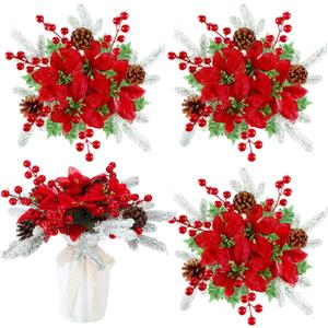 Knitgrip 4 Pcs Christmas Poinsettias Flowers Centerpieces 13.78 Inch Red Flower Ball Table Centerpieces Christmas Artificial Poinsettias Decoration with Pine Needles Pinecone for Xmas Holiday Party
