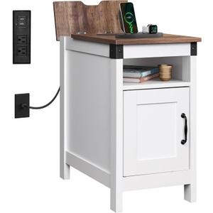 WLIVE White Farmhouse End Table for Living Room, Narrow Side Table with Charging Station, Night Stand with Storage, Small Wooden Cabinet with USB Ports and Outlets for Bedroom, White