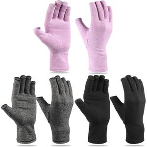 Geyoga 3 Pairs Compression Arthritis Gloves for Women Men Craft Fingerless Gloves Carpal Tunnel Pain Relief for Typing(S,Black, Gray, Purple)