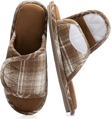 Adjustable Open-Toe Mens Slippers Memory Foam House Slippers with Non-Slip Soles Indoor and Outdoor Shoes Gifts for Men Him Dad, 40-41, Brown