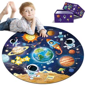 Round Jigsaw Puzzles,Floor Puzzle for Kids,Large 70 Piece Puzzle for Toddler Ages 3-5,Preschool Learning Educational Toy Christmas Birthday Gift for 4-8 Years Old Boy Girl (Solar)
