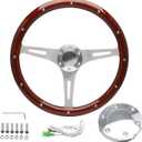 15" Classic Wood Grain Steering Wheel Riveted Light Wood Grip Universal Automotive Steering Wheels Slotted 3 Spoke with Horn Button