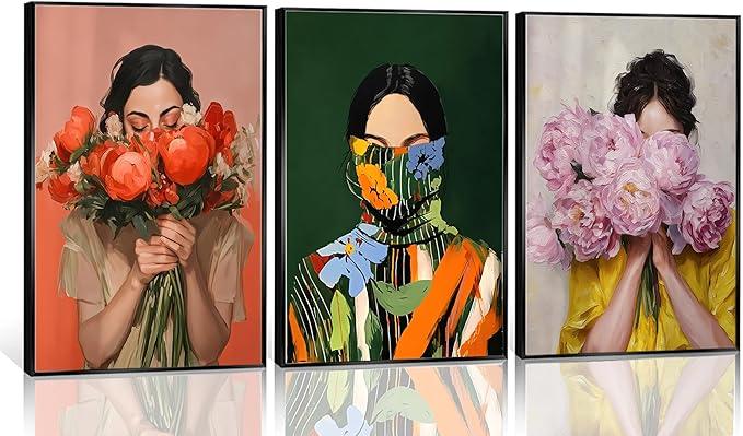 JWDXNOOK 3Pcs Abstract Women and Flowers Wall Art Modern Female Floral Portrait Canvas Paintings Print Minimalist Color Poster Wall Decor Suitable for Living Rooms Bedrooms and Bathrooms (Unframed)