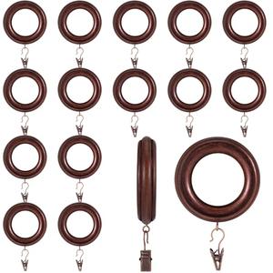 16 Pack Curtain Rod Rings Wooden with Drapery Clips 2.95 Inch Outer Diameter Beech Wood Carved Drapes Rings 1.7 Inch Interior Diameter for 1-1.5 Inch Curtain Rod Pole (Black)