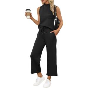 WIHOLL Two Piece Sets for Women Summer Vacation 2025 Matching Sets Women Clothing Resort Wear Holiday Airport Cruise Travel Outfits for Airplane Comfy Petite Lounge Sets Black L