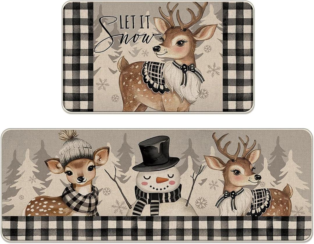 Livcoz Winter Reindeer Snowman Kitchen Rugs Set of 2, Let It Snow Pine Tree Buffalo Plaid Floor Mats Home Decor, Farmhouse Christmas Snowflake Door Mat Decorations - 17x29 and 17x47 Inches