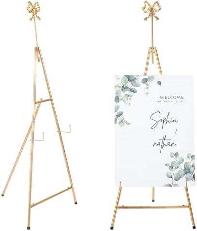 Yaocom 20" x 27" x 53" Gold Easel Stand for Wedding Sign Metal Adjustable Easel Stand with Bow Top Adjustable Tall Height Metal Sign Holder for Display Painting Canvas Welcome Poster Floor Home