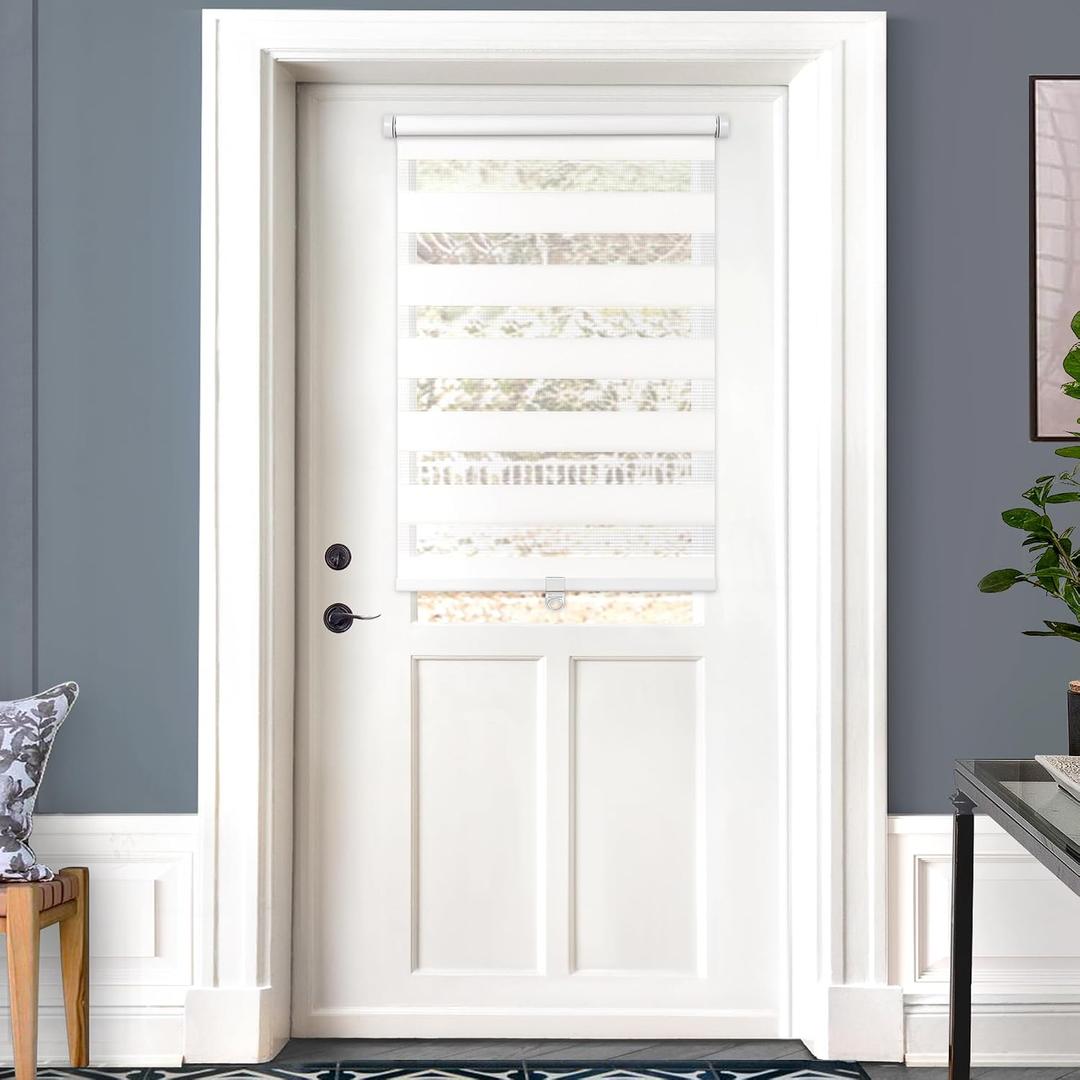 LazBlinds Cordless French Door Blinds, No Drill Roll Up Zebra Blinds for Doors, Light Control Day and Night Sheer Shades for Front Door Patio Sidelight Glass Door, 26.8'' W x 40'' L, White