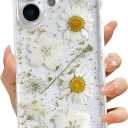 for iPhone 17 Clear Case with Pressed Real Flowers Design,Glitter Cute White Floral Pattern Slim Soft TPU Protective Women Girl's Phone Cover for iPhone 17