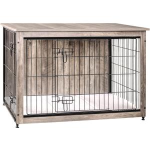 DWANTON Dog Crate Furniture with Cushion, Wooden Kennel Table with Double Doors, Indoor Dog House, Large Size, 38.5" L, Greige