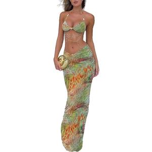 Women's Two Piece Maxi Skirt Sets Summer Beach Sexy Ruched Backless Pearls Chain Decor Crop Top and Cut Out Skirt (Dark Green)