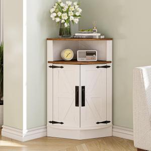 Vabches Corner Storage Cabinet, Farmhouse Small Floor Corner Cabinet with Barn Door and Adjustable Shelf, Narrow Cabinet Organizer for Bathroom,Pantry, Living Room, Kitchen, White, 15.75 "D x 15.75 "W x 32.7 "H