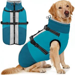 AOFITEE Dog Coat for Large Dogs, Waterproof Dog Winter Jacket with Built in Harness, Warm Turtleneck Cold Weather Coats Large, Reflective Fleece Lined Snow Jacket for French Bulldog, Boston Terrier, L (PineGreen)