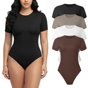 Dalavch 4 Pack Short Sleeve Bodysuit for Women Crew Neck Stretchy Casual Basic Fitted Body Suits T Shirt Tops Size L