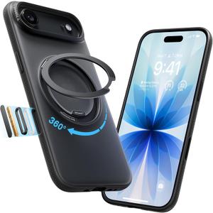 TORRAS 360 Magnetic Stand for iPhone Air Case, [Fit for MagSafe] [Military-Grade Protection] Translucent Slim Case for iPhone 17 Air, 2025, Obsidian Black, Ostand O3 Fitness Series