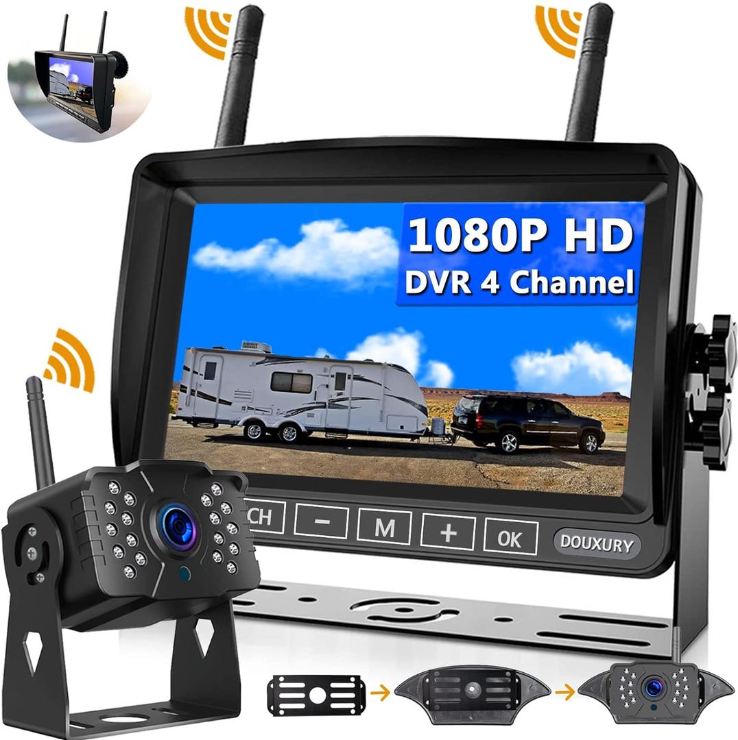 Wireless RV Backup Camera, DOUXURY IP69 Waterproof 170 Wide View Angle HD 1080P Rear View Camera + HD LCD 7" Monitor, Digital Wireless Camera System for RV Truck 5th Wheel Trailer Pickup Camper Bus