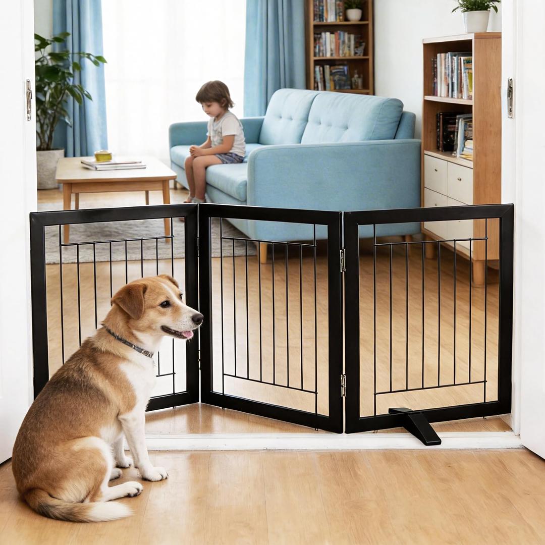 ZJSF Freestanding Dog Gate Indoor, Foldable Dog Fence for Doorways,Hallways or Stairs, Sturdy Wood Extra Wide Pet Gate with Support Feet,Brown,24 "Height-4 Panels