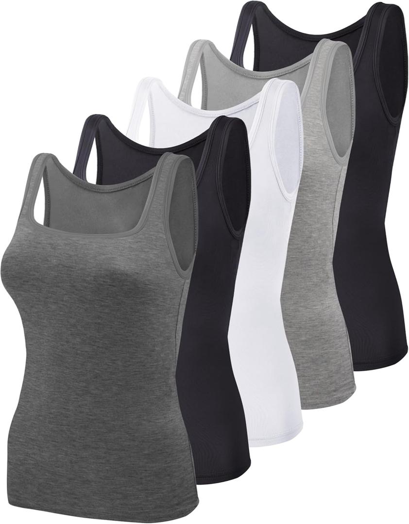 BQTQ 5 Pack Women's Tank Tops Square Neck Sleeveless Ladies Tank Top Undershirts (Large, Black, White, Gray, Dark Gray)