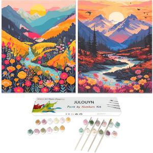 JULOUYN 2 Pack Paint by Numbers Kit for Adults Beginner, Stress Relief Landscape Mountains Lake Sunset on Premium Canvas 16x20in, Home Office Decor Gift
