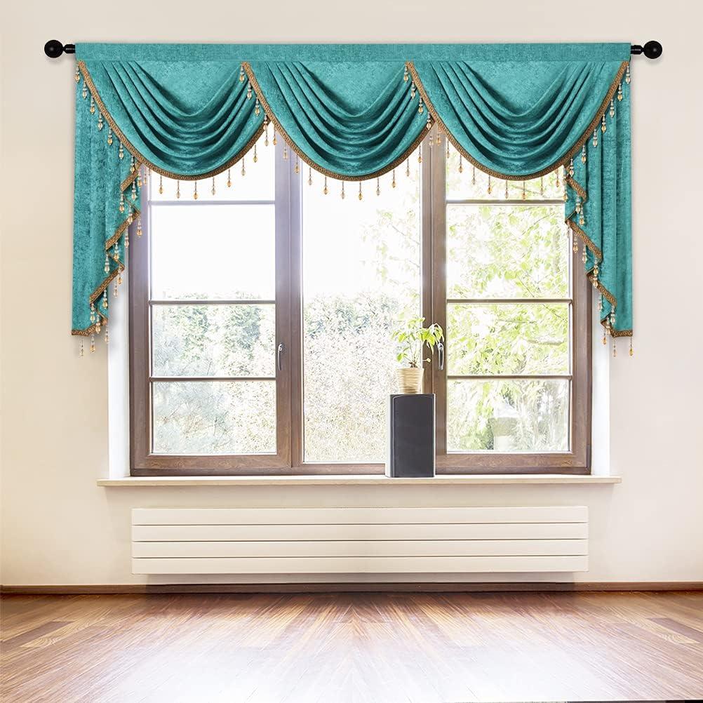 ELKCA Double-Sided Chenille Valance for Living Room,Turquoise Curtains Valance with Gold Beads for Bedroom,Rod Pocket(W79Inch,1 Panel) (79"W x 43"L (Pack of 1), Turquoise)