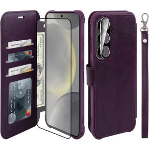 VANAVAGY Wallet Case for Galaxy S24 with RFID Blocking Card Holder, [Screen Protector & Camera Lens Protector] PU Leather Flip Case with Wrist Strap for Wireless Charging, Purple