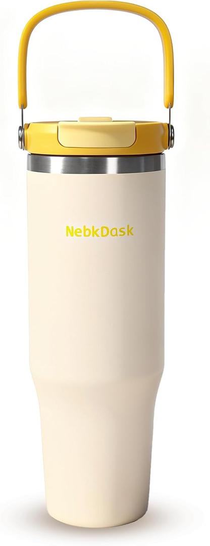 40 oz Insulated Stainless Steel Bottle with 2-in-1 Straw and Spout Lid, Water Bottle with Carry Handle Keep Cold 24H, Leak-Proof, Fits in Car Cup Holder, Travel, and Schooloff-White