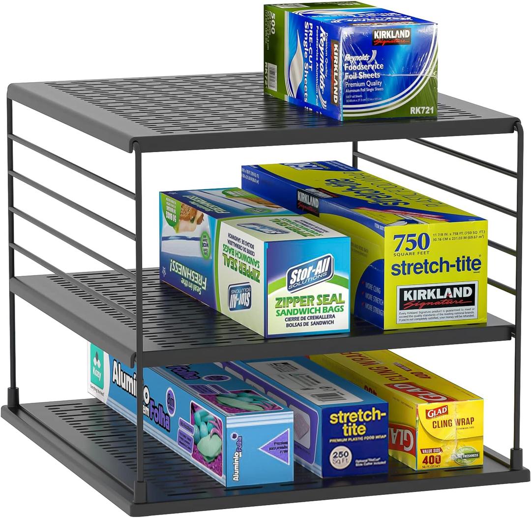 Upgraded Cabinet Organizers and Storage -Divided Compartment Holder for Plastic Bag, Wrap, Foil, Snack and Box for Kitchen and Pantry Organization and Storage, Kitchen Organization (Black)