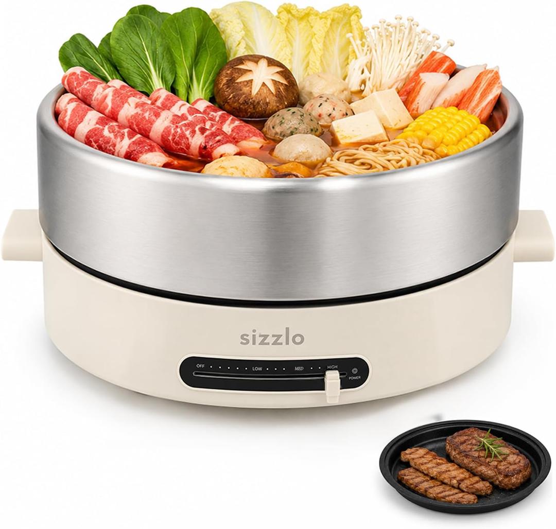 Electric Hot Pot, 4.5L 304 Stainless Steel Pot with Grill Pan
