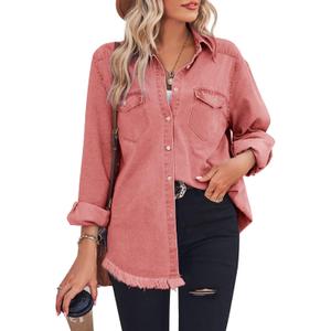 Zilcremo Women Denim Shirt Chambray Collared Jean Shirts Long Sleeve Pocket Button Down Blouses (Large, Pink)