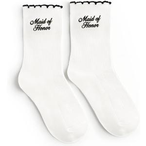 xo, Fetti Maid of Honor Sock - White Ribbed Socks with Black Embroidery | Maid of Honor Gift, Bridal Party Socks, Bachelorette Party, Wedding Day Gift, Bridal Shower, Getting Ready Outfit (White)