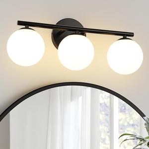 foucasal Black Globe Bathroom Light Fixtures 3-Light Vanity Light with Plastic Milk White Globe Shades 11.81 inch Wall Sconce Lighting Over Mirror, Vanity Lights for Bathroom Bedroom Hallway.  Missing Parts