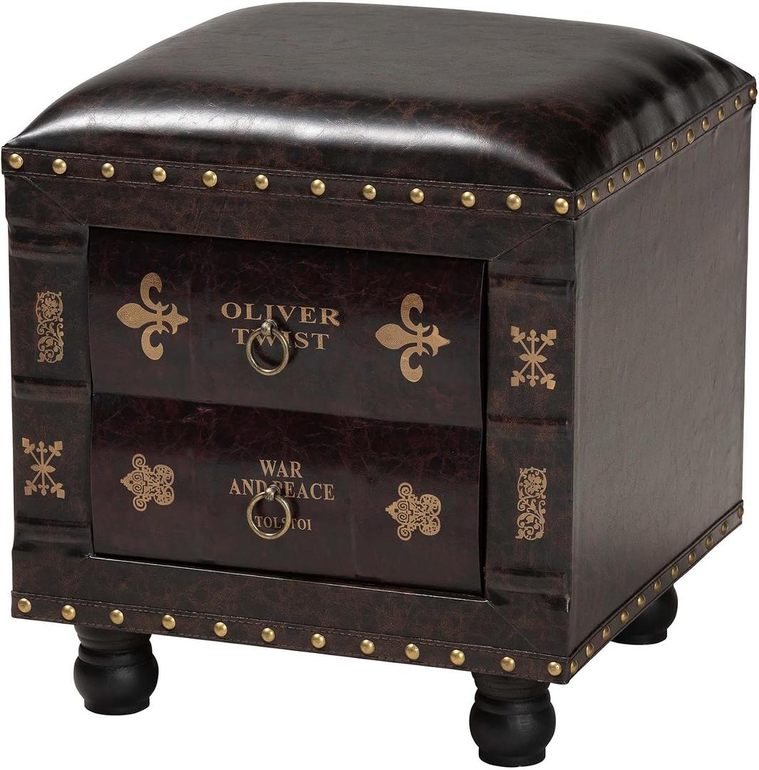Baxton Studio Ottomans, One Size, Dark Brown, 15.8"D x 15.8"W x 17.5"H, 
Traditional Antique Inspired storage ottoman
Constructed from MDF wood in a distressed finish