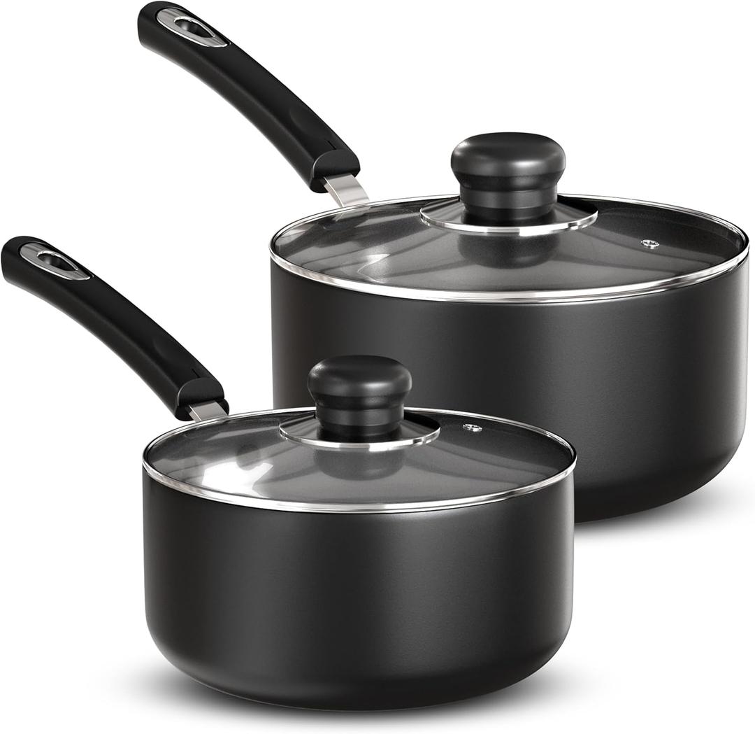 Utopia Kitchen Nonstick Stock Pot Saucepan Set with Lids, 1 Quart and 2 Quarts Multipurpose Stock Pots Set for Home, Kitchen or Restaurant, Grey & Black