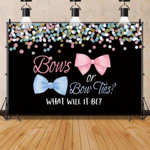 Mestiker7x5ft Ties or Bows Gender Reveal Backdrop Blue Ties and Pink Bows Gender Reveal Party Decoration Photography Background Black Background Cake Table Banner Photo Studio Props Vinyl