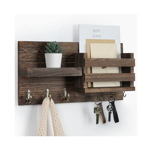 Mail Organizer for Wall Mount – Key Holder with Shelf Includes Letter Holder and Hooks for Coats, Dog Leashes – Rustic Wood with Flush Mounting Hardware (16.5” x 8.7” x 3.5”)