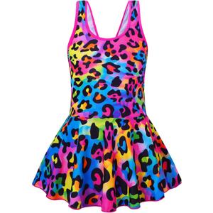 Akokvlar Girl One Piece Swimsuit with Skirt Bathing Suit Swimwear (14-15 Years, Rainbow Leopard)