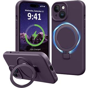 Compatible with iPhone 14 Plus Case with Stand, Full Camera Protection Slim Liquid Silicone Phone Cases for iPhone 14 Plus Compatible with MagSafe Magnetic Ring Kickstand Case 6.7", Purple