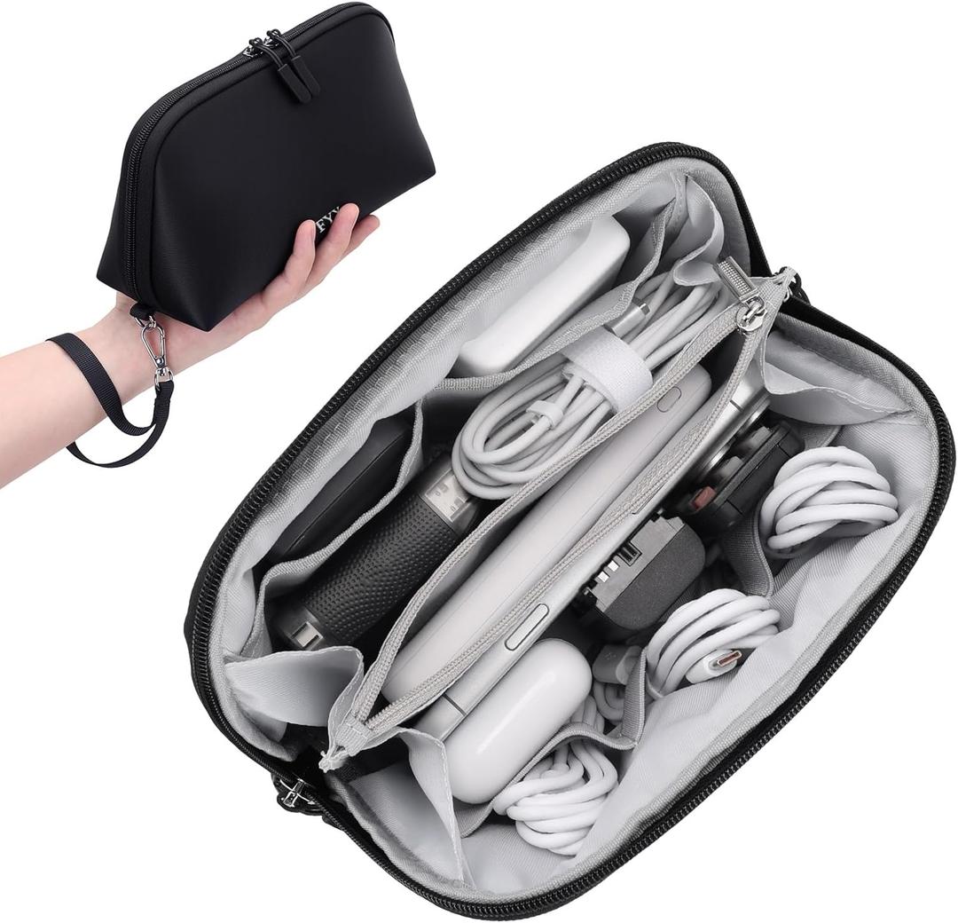 FYY Travel Cable Organizer - 8 Compartments Lightweight Water Resistant Tech Pouch with Wrist Strap Portable Electronic Accessories Case for Cord Charger Storage for Travel Home Office Black (Medium)