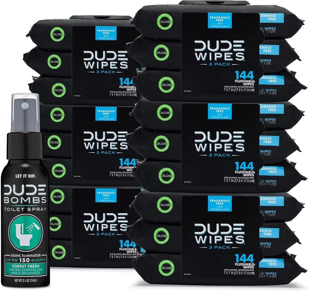 DUDE Wipes - Flushable Wipes with DUDE Bombs Toilet Spray - 18 Pack, 864 Count + 1 Spray Bottle - Unscented Extra-Large Adult with Vitamin-E & Aloe - Forest Fresh Stank Eliminator