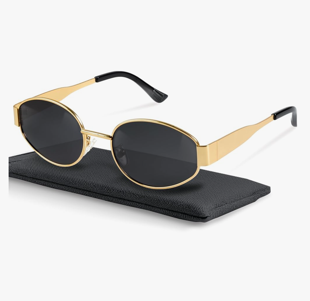 livho Retro Polarized Sunglasses - UV400 Protection, Oval Shape, Metal Frames - Matching Soft Case Inlcuded