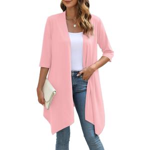 YSYOKOW Women's Open Front Cardigan Lightweight Soft Knit 3/4 Sleeve High-Low Draped Hem Loose Casual Duster (Pink, M)