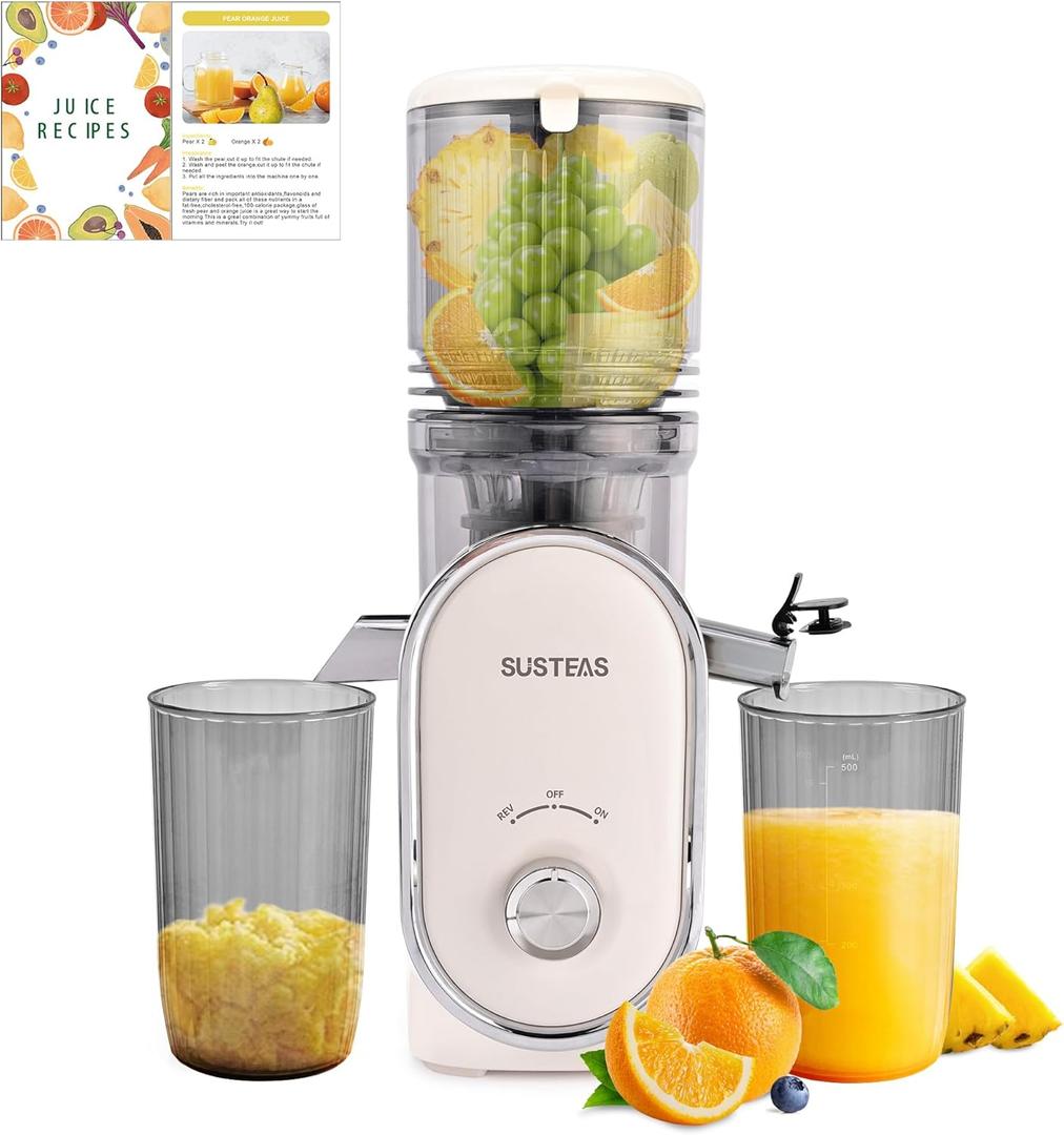 SUSTEAS Cold Press Juicer, 5.3" Feed Chute Slow Masticating Machines with 300W, Fit Whole Fruits & Vegetables, High Juice Yield, Easy to Clean, White