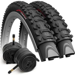 Fincci XC Knobby 26 inch Bike Tires with 2X 26 inch Bike Tube 50-559 - Pair 26x1.95 Bike Tire - Foldable Mountain Tires with Kevlar - 26" Wheelset for Electric, Folding, Enduro, Offroad, Hybrid Bikes