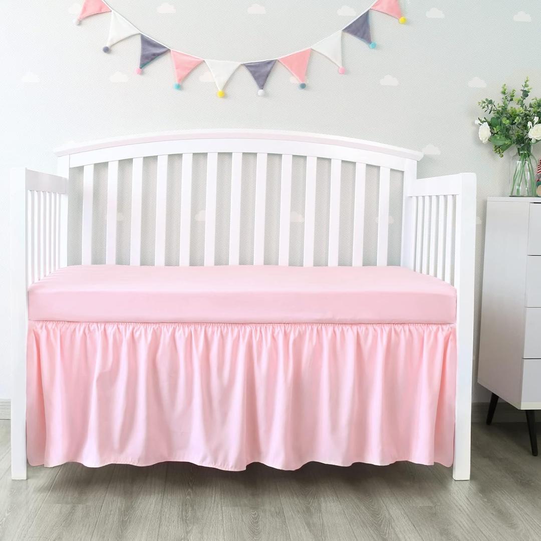 Crib Skirt Pleated Dust Ruffle Pink Nursery Room Decor for Girls Boys Crib Toddler Bedding 14" Drop fit Standard Crib Toddler Bed Skirts Machine Washable